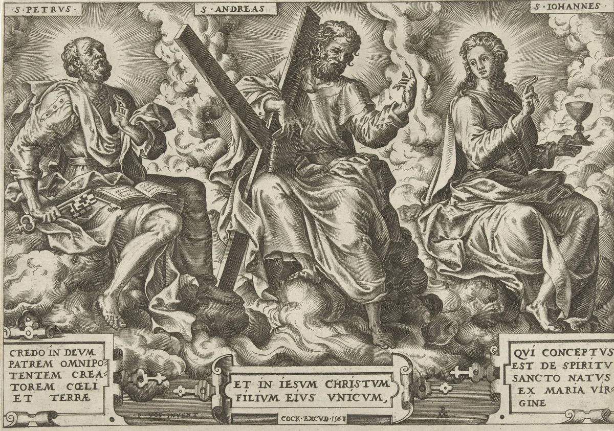 Drie apostelen Petrus, Andreas en Johannes by Unknown, print, 1568
