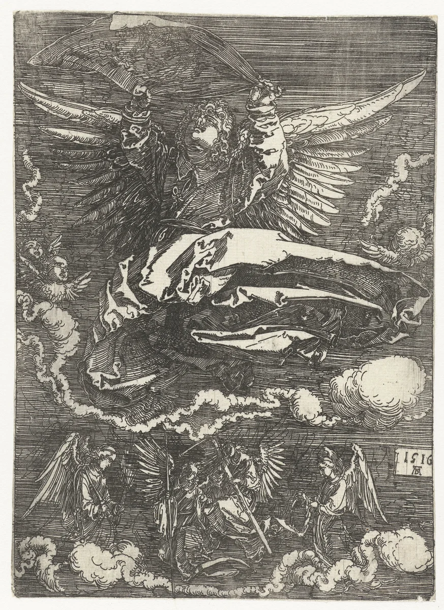 Engelen met de zweetdoek en de passiewerktuigen by Unknown, print, 1516