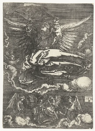 Engelen met de zweetdoek en de passiewerktuigen by Unknown, print, 1516