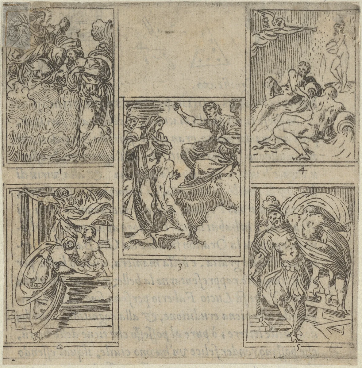 Five numbered scenes, each after a painter in the Accademia Degl'Incamminati, from IL FUNERALE D'AGOSTINO CARRACCIO FATTO IN BOLOGNA SUA PATRIA DAGL'INCAMINATI Academici del Disegno: 1. Ceres lamenting the death of Carracci before Jupiter, painted by Ippolito Ferrantini; 2. Personification of Painting entrusting Carracci's body to Fame, painted by Giovanni Battista Bertusi; 3. The Fates leading the blindfolded Carracci to the foot of Jupiter's throne, painted by Lucio Massari; 4. Three rivers representing the cities of Bologna, Rome and Parma (Reno, Tiber and Parma) with Fame at left, designed by Sebastiano Razzali and painted by Baldessare Aloisi Galanini; 5. Agostino Carracci abducted by Mars who is jealous of the artist's portrait of Adonis made for a Farnese gallery panel, painted by Giovanni Battista Busi. by Guido Reni, print, 1603