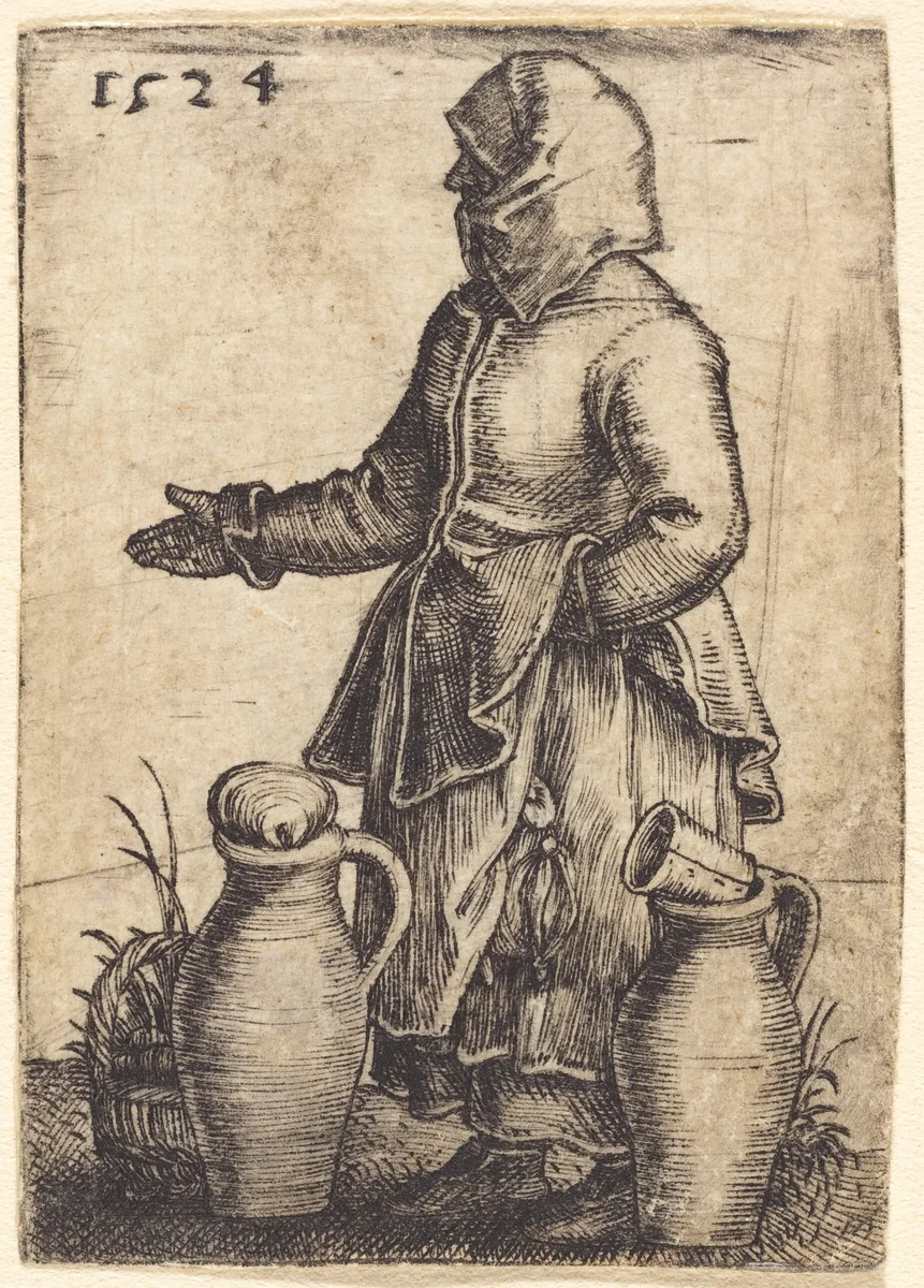 Peasant Woman with Two Jugs by Barthel Beham, print, 1524