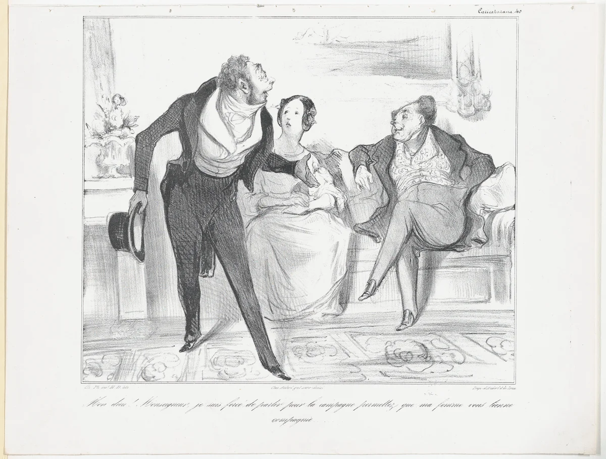 Plate 40: My God! Monseigneur, I am forced to leave for the countryside, allow me to leave my wife behind to keep you company, from 'Caricaturana,' published in Les Robert Macaires by Honoré Daumier, print, 1838