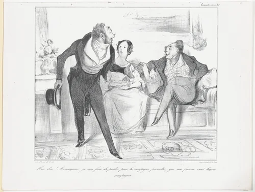 Plate 40: My God! Monseigneur, I am forced to leave for the countryside, allow me to leave my wife behind to keep you company, from 'Caricaturana,' published in Les Robert Macaires by Honoré Daumier, print, 1838