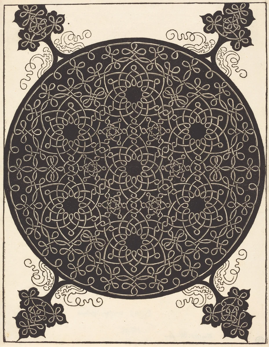 The Sixth Knot (combining seven small systems of knots with black centers) by Albrecht Dürer, print, 1506-1507