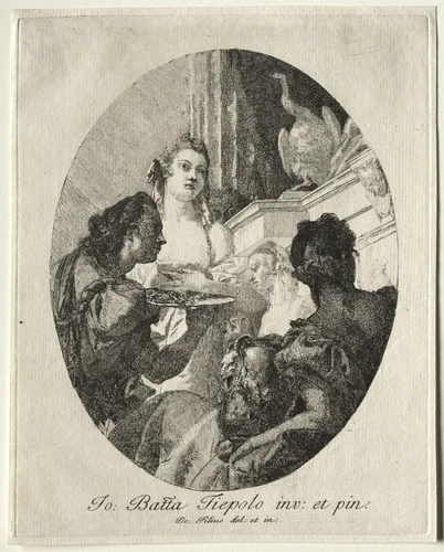 Three Women Presenting Gifts of Marc Anthony to Cleopatra by Giovanni Domenico Tiepolo, print, 1747-1804