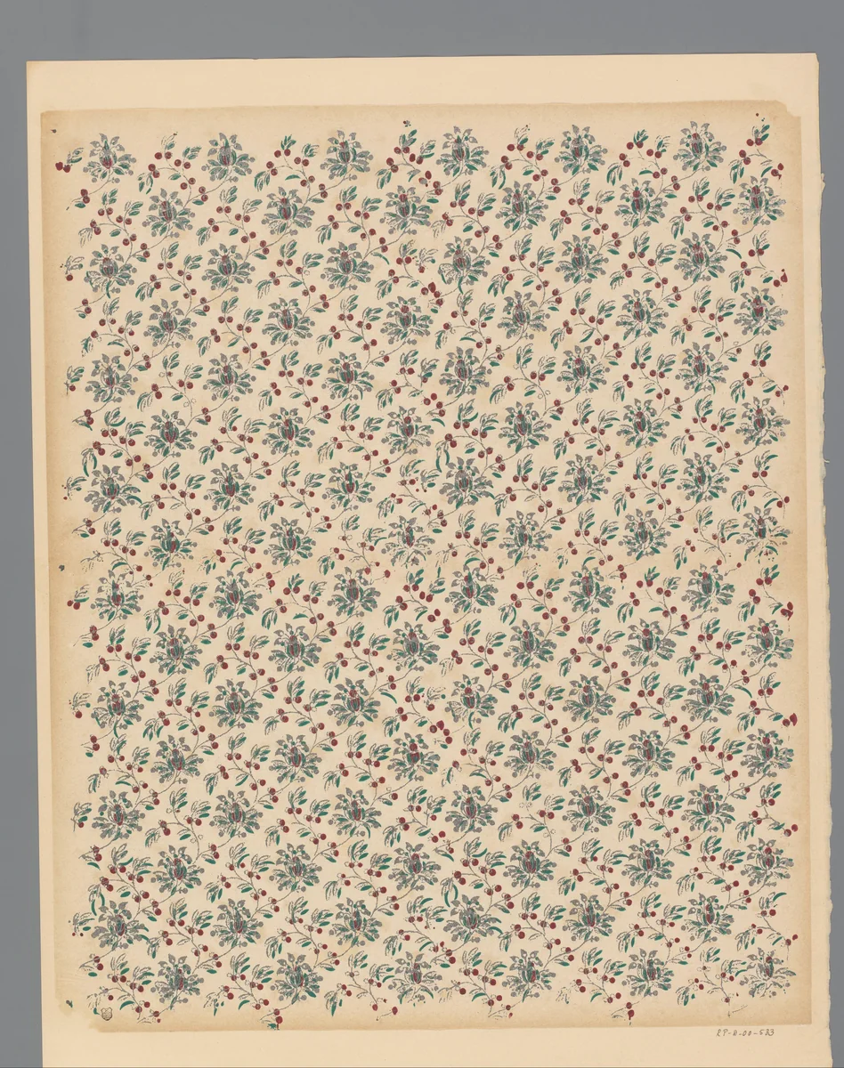Blad met strooipatroon van ranken met bloemen, bladeren en vruchten by anonymous, print, 1800-1900