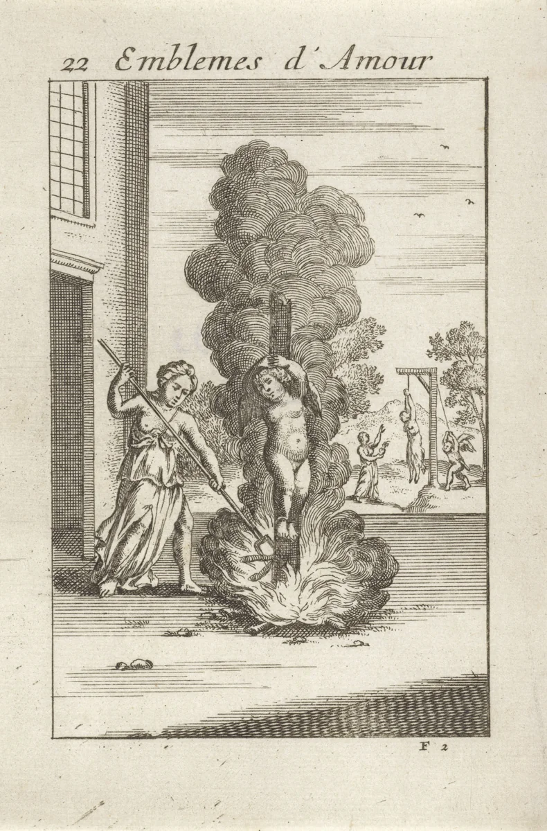 Amor op een brandstapel by Jan van Vianen, print, 1686