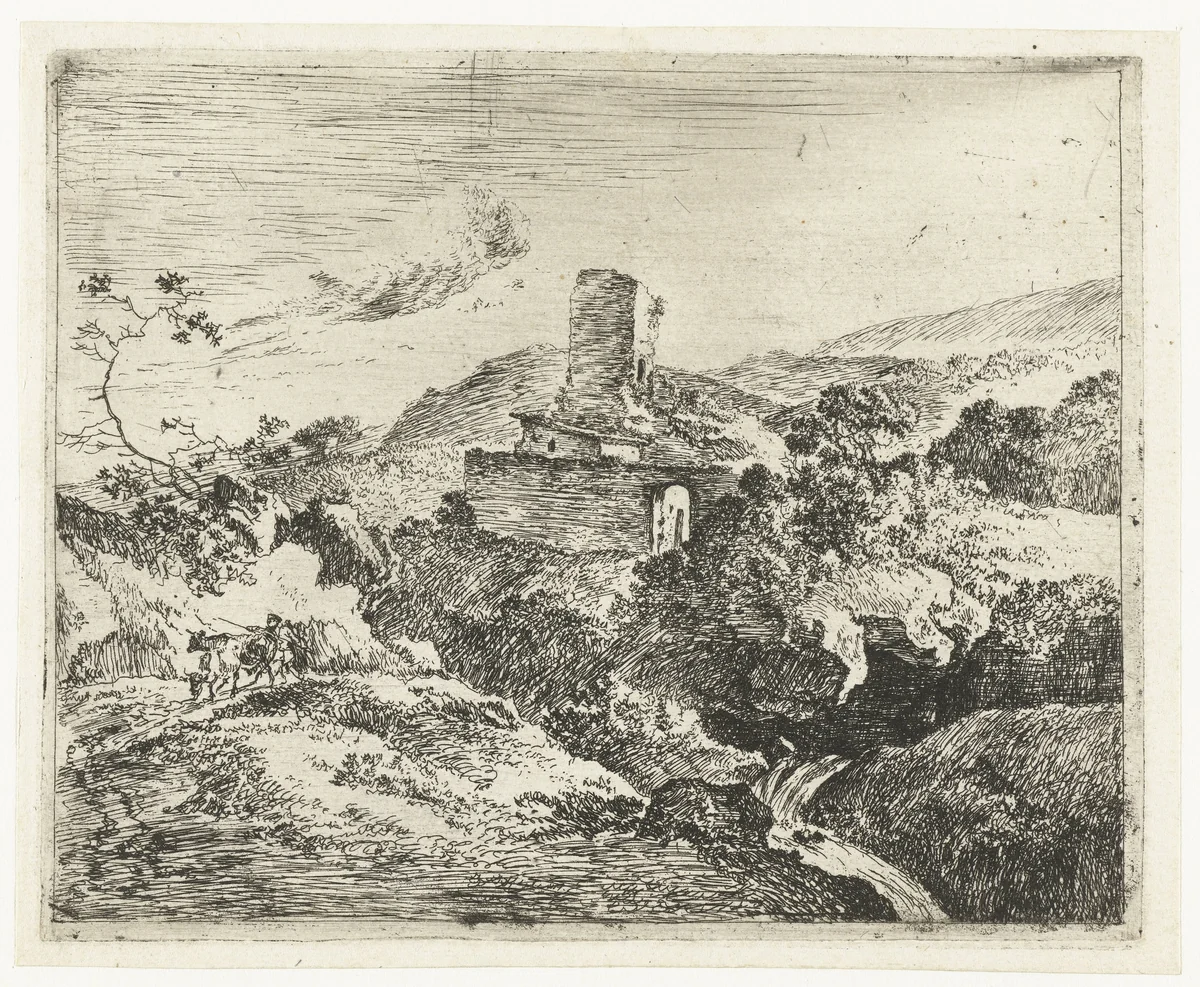 Landschap met vierkante toren by Adam Pijnacker, print, 1649-1673