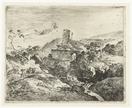 Landschap met vierkante toren by Adam Pijnacker, print, 1649-1673