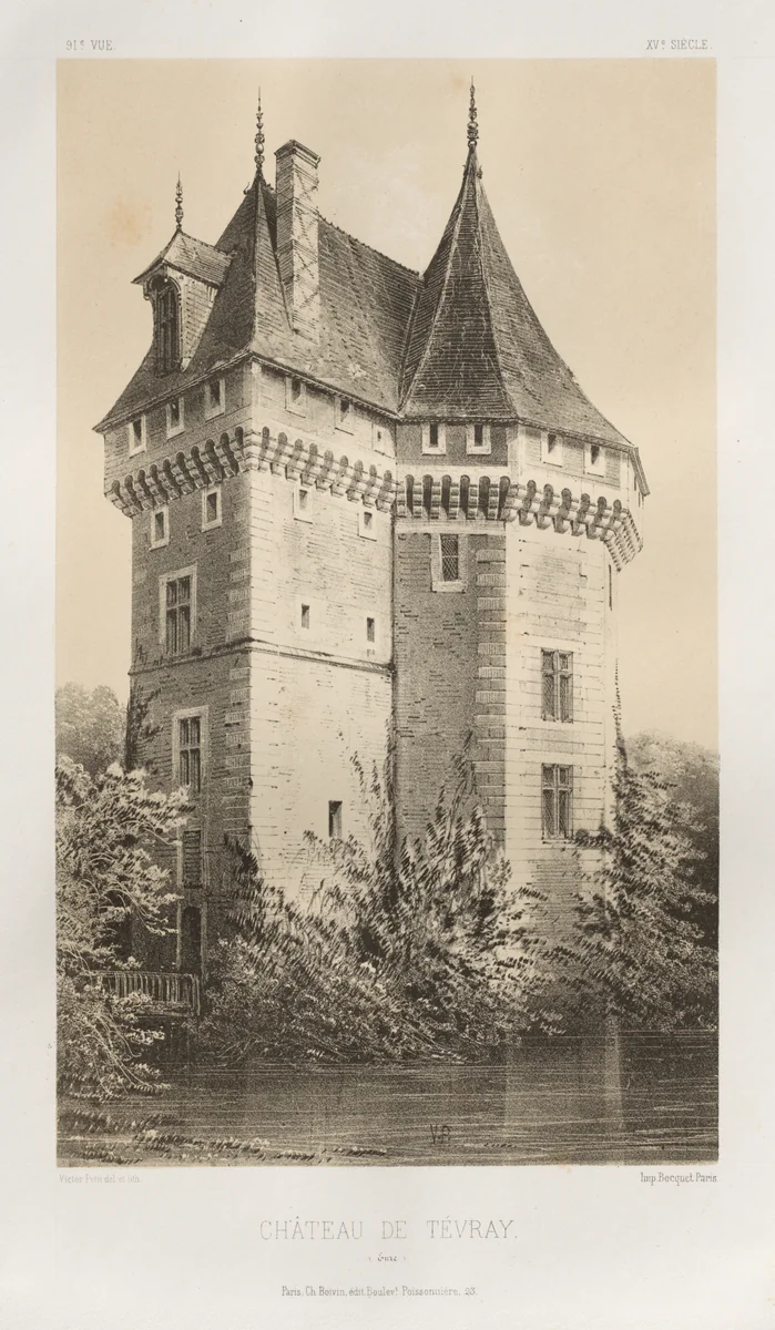 Architecture Pittoresque ou Monuments des XVeme. Et XVIeme. Siecles: Chateaux de France des XV et XVI Siecles: Pl. 91, Château de Tévray (Eure) by Victor Petit, print, 1860