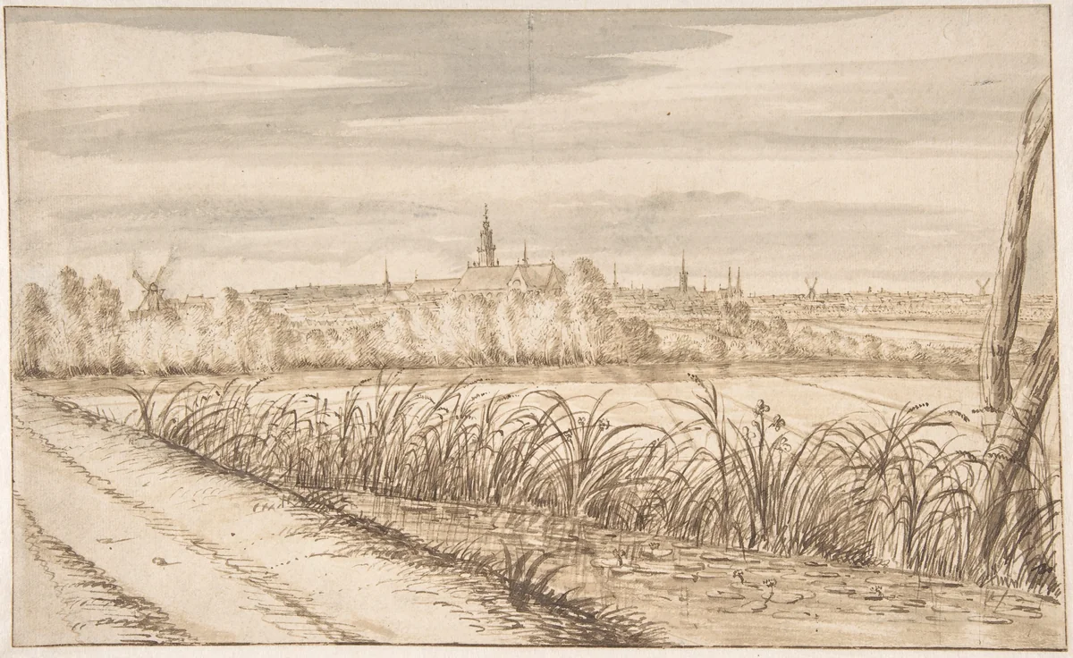 View of Gouda Seen from the Southeast with the Janskerk in the Center by Abraham Rutgers, drawing, 1640-1699