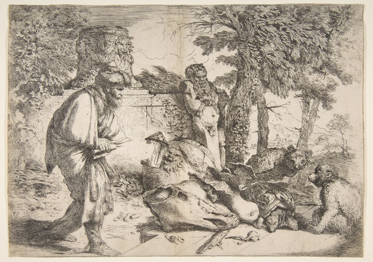 Diogenes in search of an honest man by Giovanni Benedetto Castiglione, print, 1600-1700
