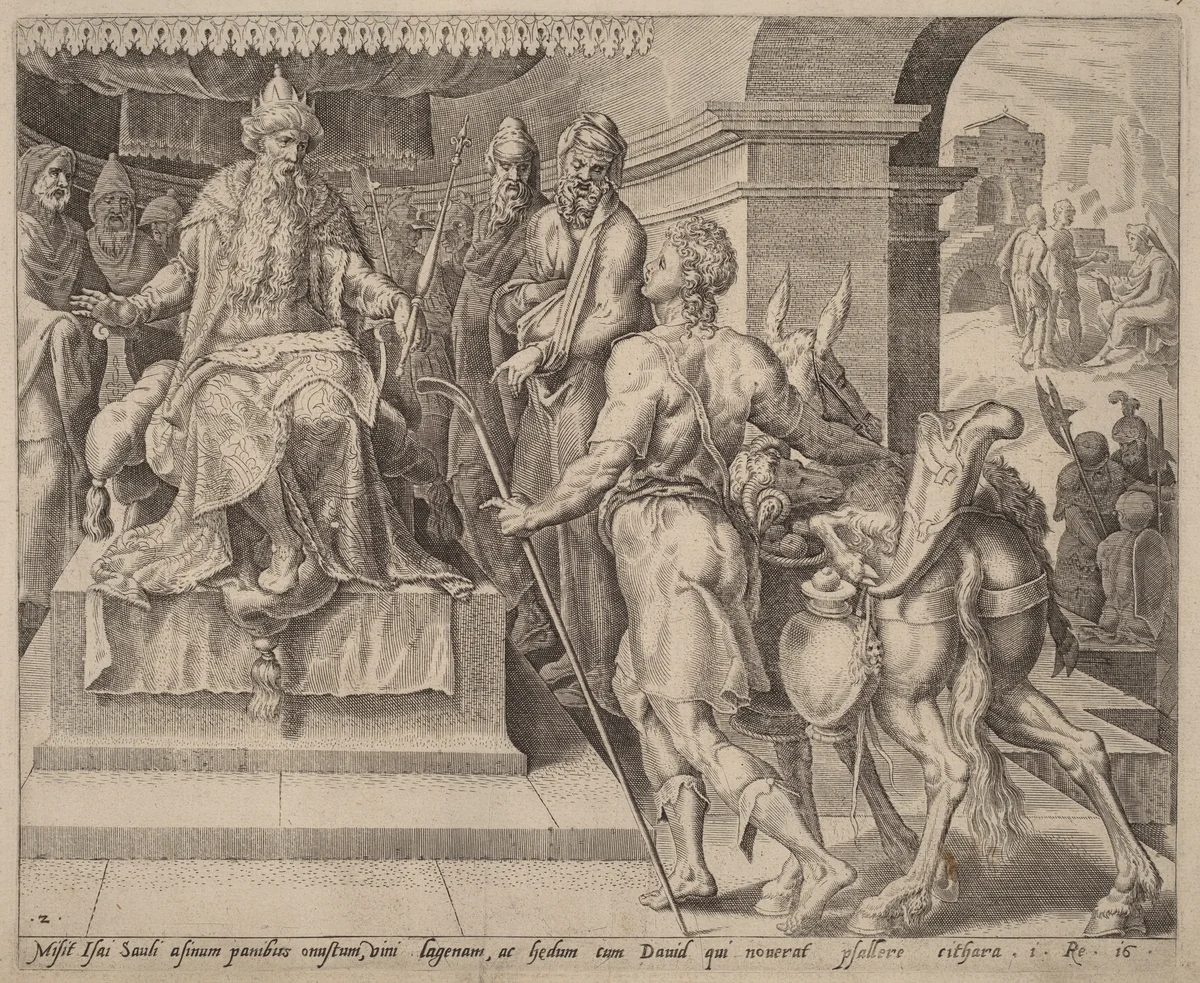 David Bringing Presents from His Father to Saul by Maerten van Heemskerck, print, 1556