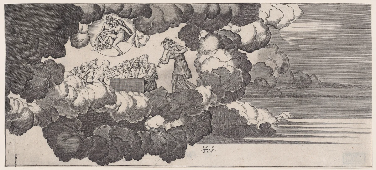 The News Brought to Olympus by Agostino Veneziano, print, 1516