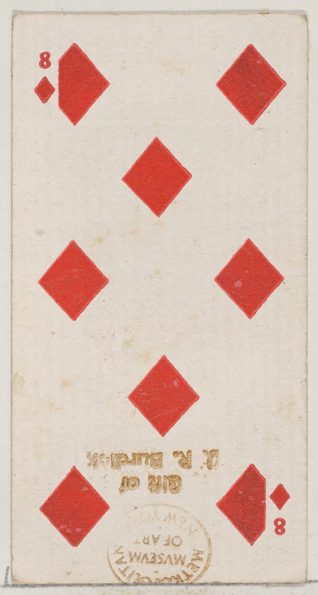 Eight Diamonds (red), from the Playing Cards series (N84) for Duke brand cigarettes by W. Duke, Sons & Co., print, 1888