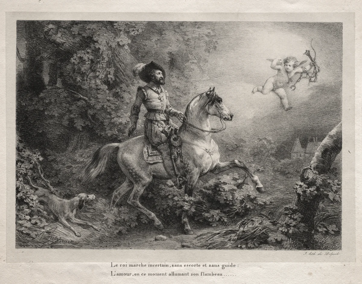 Henry IV Rides to the Château d'Anet by Horace Vernet, print, 1825