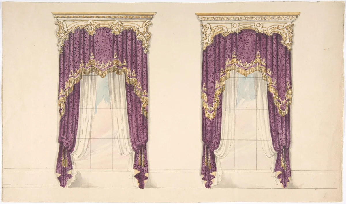 Design for Purple Curtains with Gold Fringes and a Gold and White Pediment by anonymous, drawing, 1800-1850