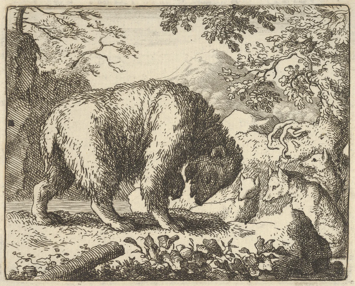 Renard Promises the Bear to Take Him to a Place Where He Will Find Honey from Hendrick van Alcmar's Renard The Fox by Allart van Everdingen, print, 1650-1675