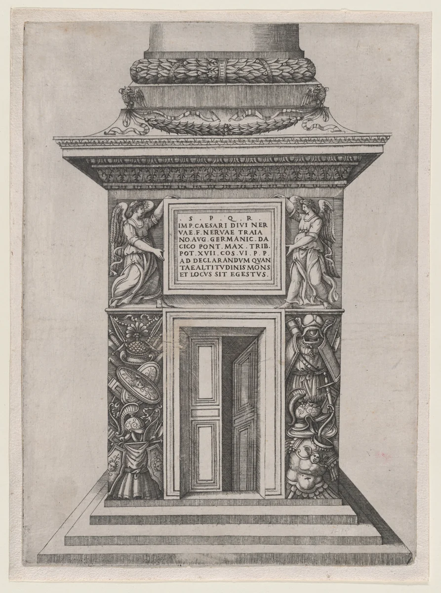 The Pediment Base of Trajan's Column, from "Speculum Romanae Magnificentiae" by anonymous, print, 1530-1580