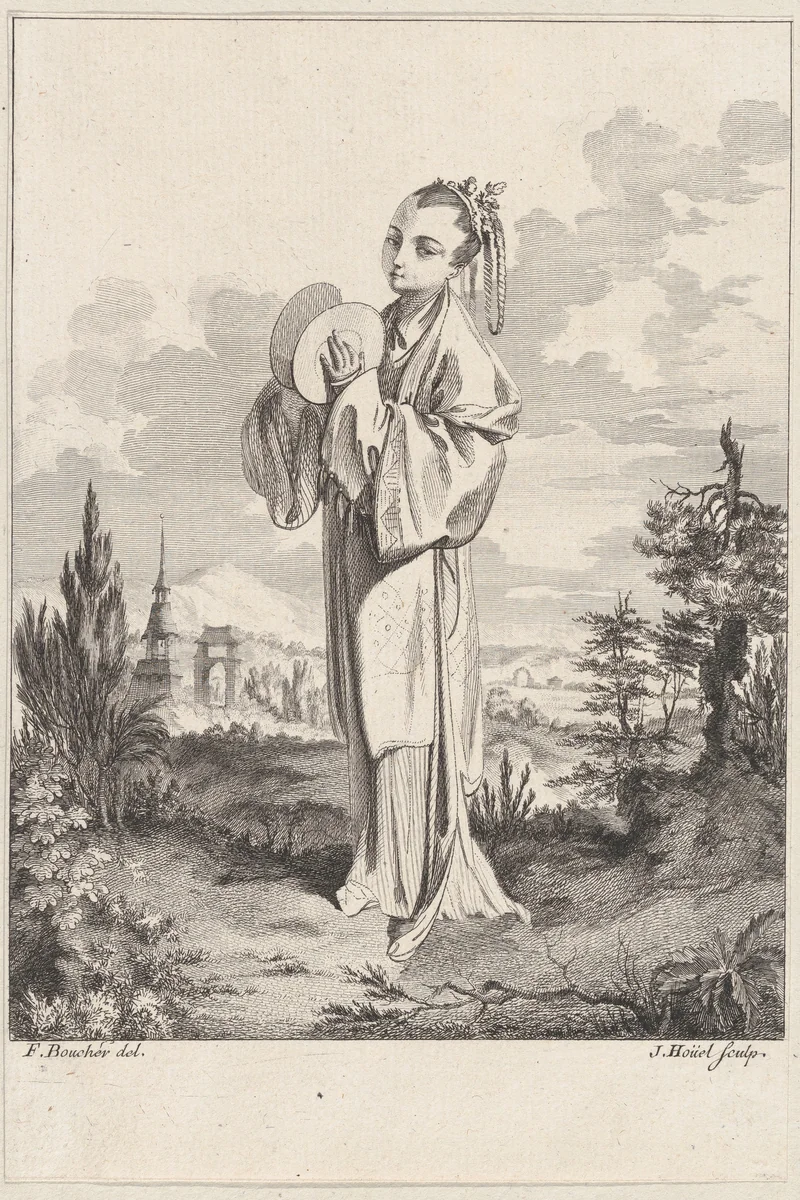 Chinoiserie with a woman holding cymbals, from Suite de Figures Chinoises. . .Tiré du Cabinet de Mr. d'Azaincourt (Series of Chinoiserie Figures. . .From the Chambers of Mr. d'Azaincourt) by Jean-Pierre-Louis-Laurent Hoüel, print, 1755-1776