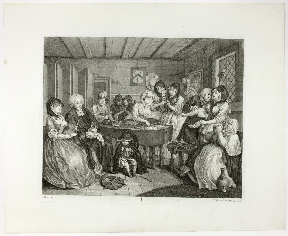 Plate six, from A Harlot's Progress by William Hogarth, print, 1732
