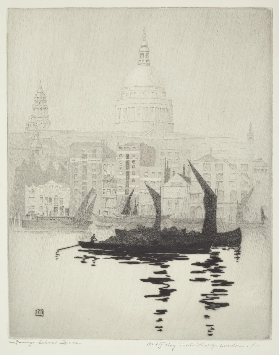 Misty Day, Paul's Wharf, London by George Elbert Burr, print, 1923-1933