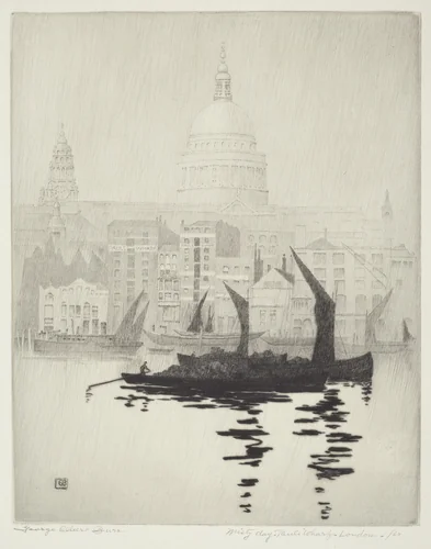 Misty Day, Paul's Wharf, London by George Elbert Burr, print, 1923-1933