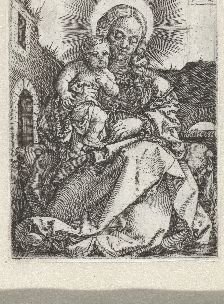 Madonna met kind zittend op een muurtje in een tuin by Unknown, print, 1553
