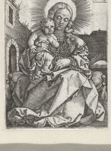 Madonna met kind zittend op een muurtje in een tuin by Unknown, print, 1553