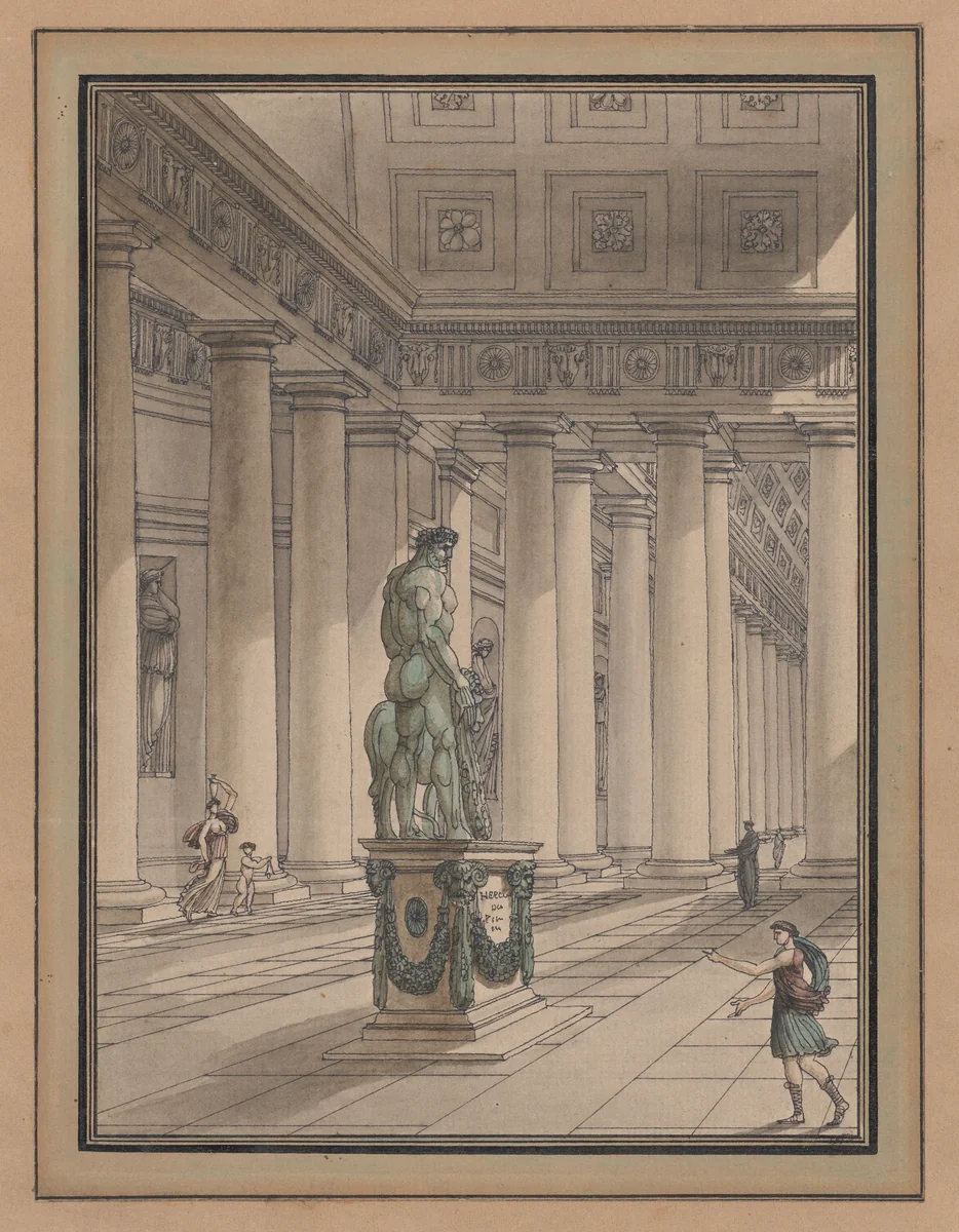 Classical Interior with a Statue of Hercules by Jean-Arnaud Raymond, drawing, 1795-1805