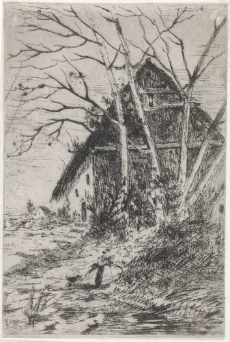Hut onder kale bomen by Arnoud Schaepkens, print, 1855-1904