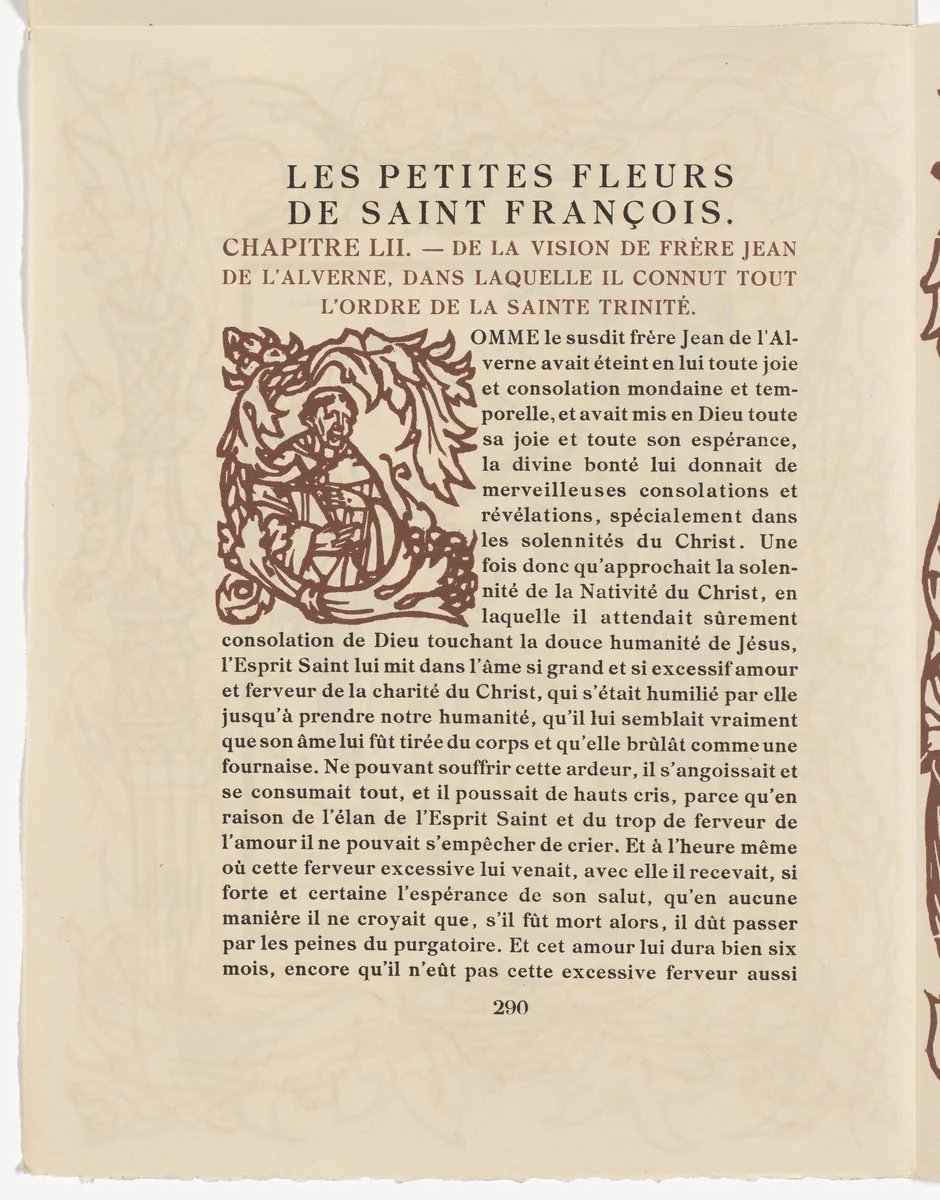 Pictorial initial (page 290) from Les Petites Fleurs de St. François (The Little Flowers of St. Francis) by Émile Bernard, illustrated book, 1928