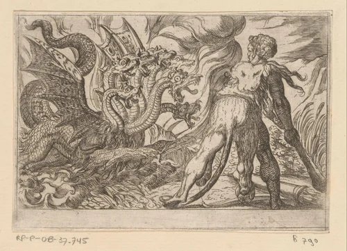 Hercules in gevecht met de hydra van Lerna by Antonio Tempesta, print, 1608