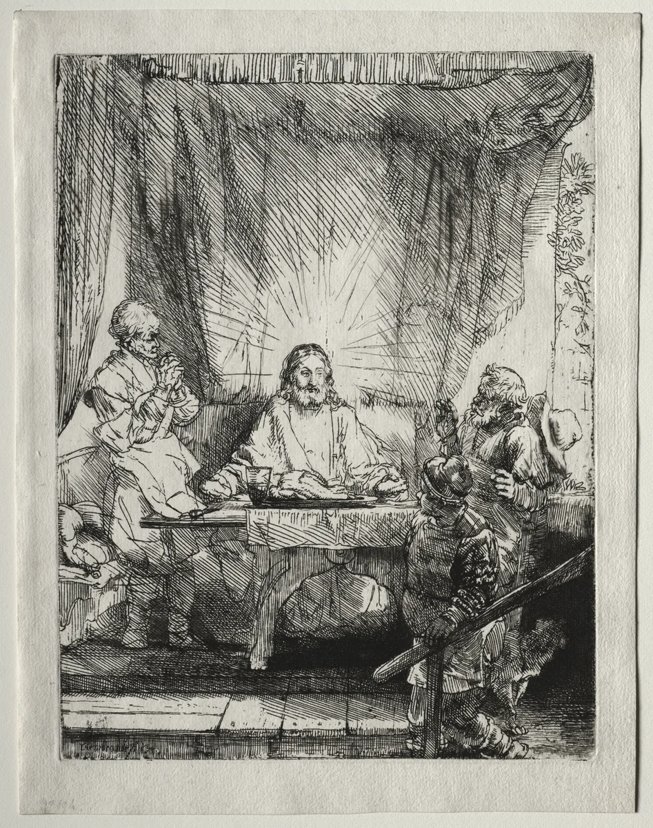 Christ at Emmaus: The Larger Plate by Rembrandt van Rijn, print, 1654