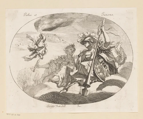 Pallas (Minerva) en Juno (Heres) by Samuel Bottschild, print, 1693