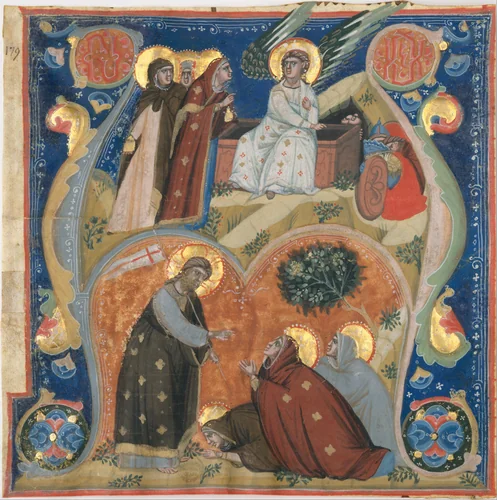Manuscript Illumination with Scenes of Easter in an Initial A, from an Antiphonary by Nerius, manuscript, 1320