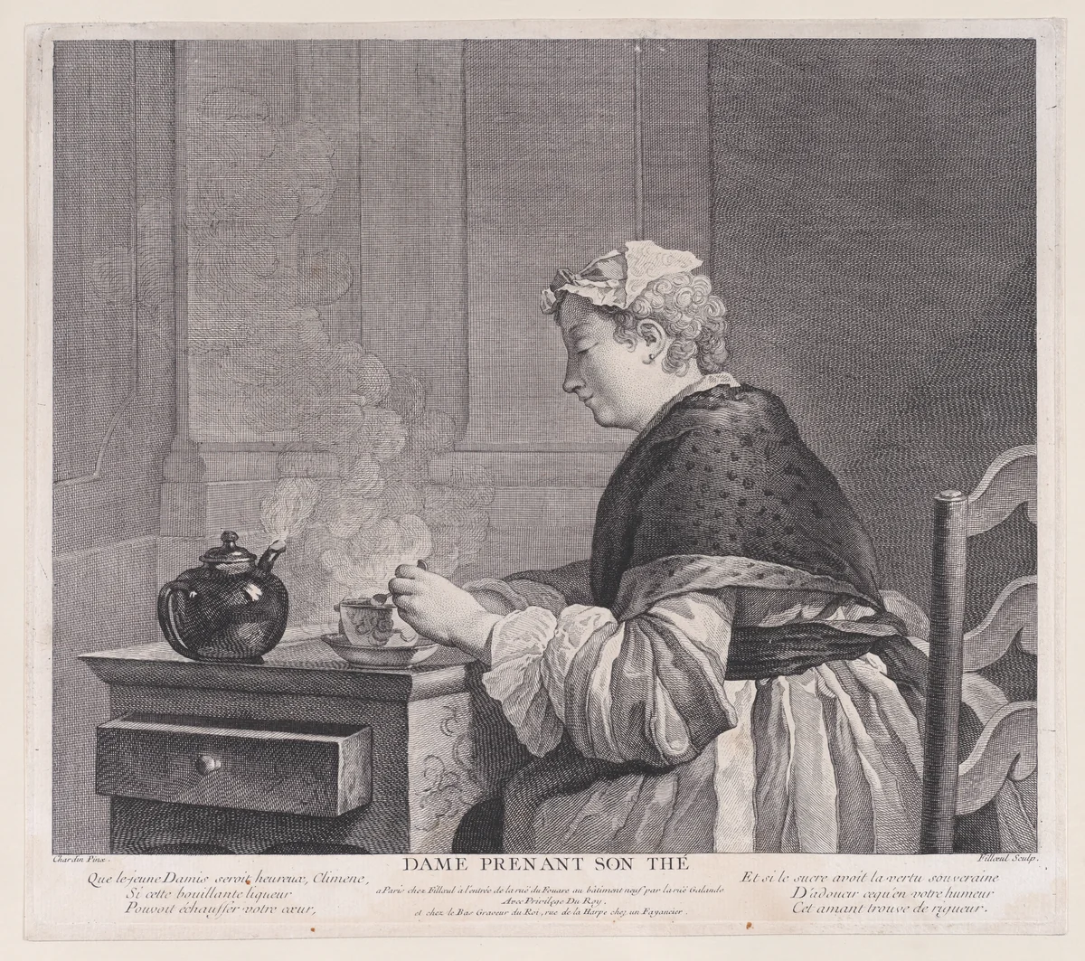 Woman Taking Her Tea by Pierre Filloeul, print, 1759