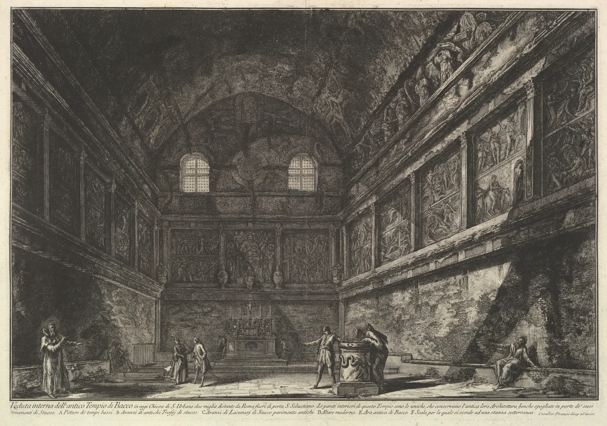Interior view of the ancient Temple of Bacchus, now the church of S. Urbano, two miles from Rome..., from Vedute di Roma (Roman Views) by Giovanni Battista Piranesi, print, 1745-1755