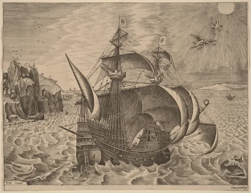 Armed Three-Master with Daedalus and Icarus in the Sky by Frans Huys
Pieter Bruegel the Elder
Hieronymus Cock, print, 1522-1562