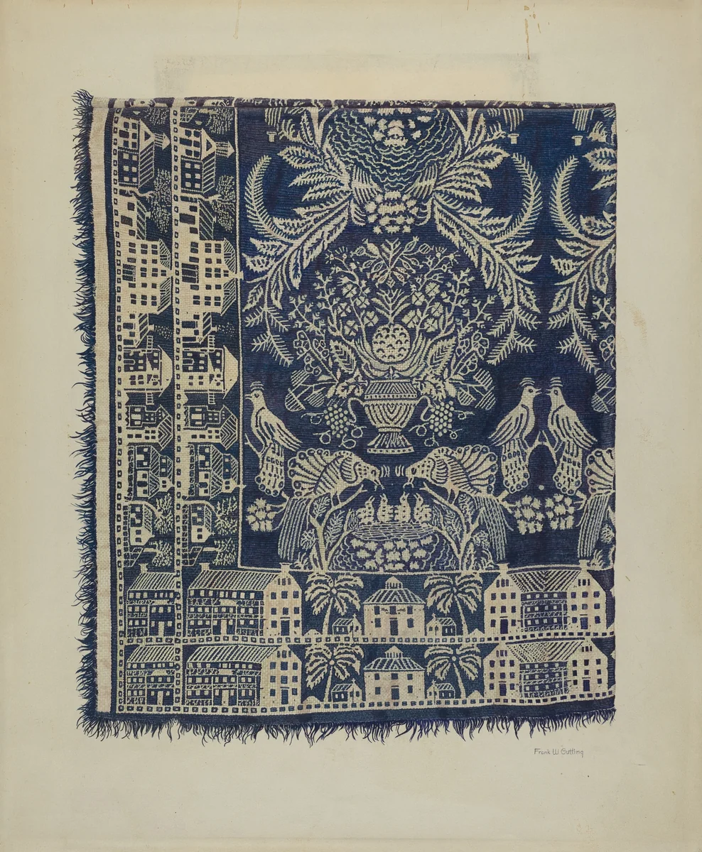 Blue and White Woolen Coverlet by Frank Gutting, index of american design, 1938