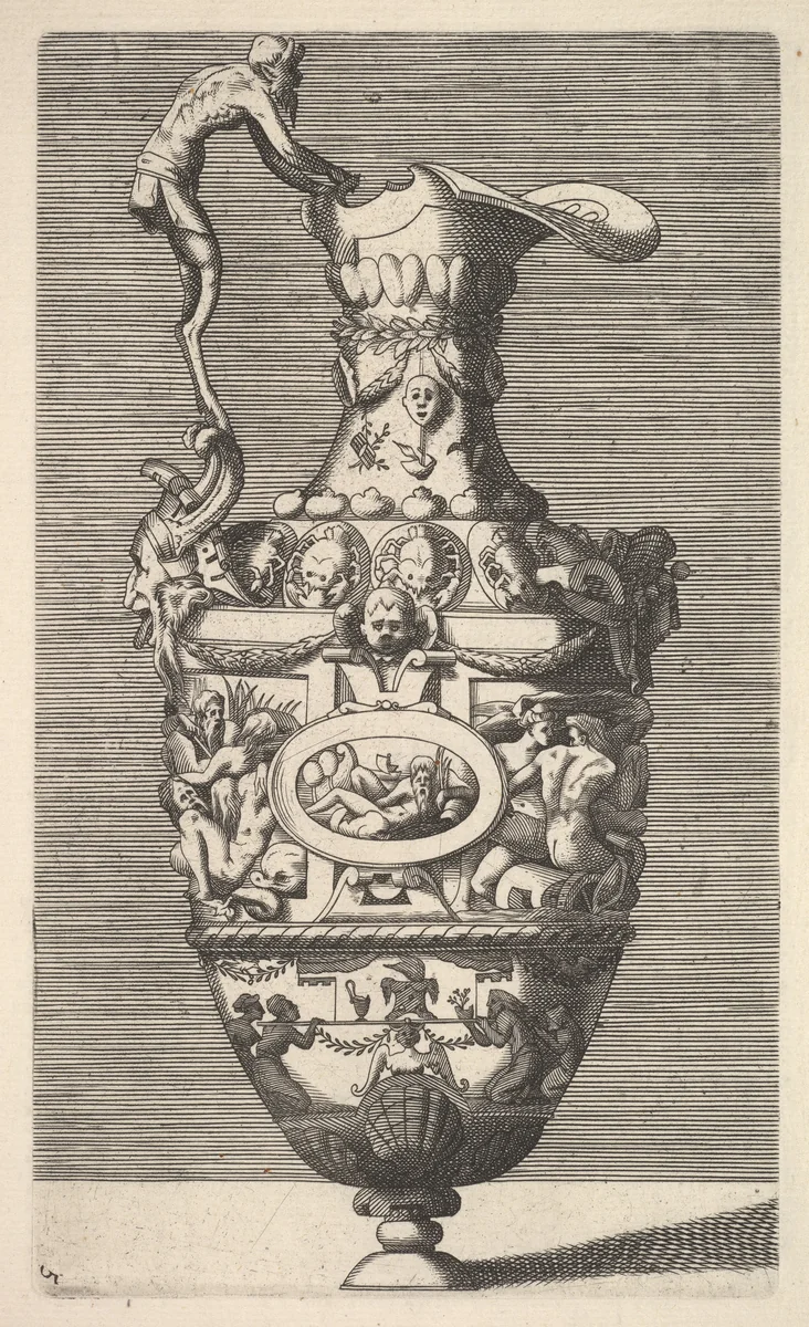 Vase with a River God in an Oval Medallion by René Boyvin, print, 1600-1690