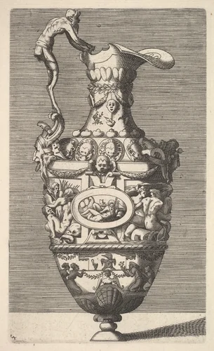 Vase with a River God in an Oval Medallion by René Boyvin, print, 1600-1690