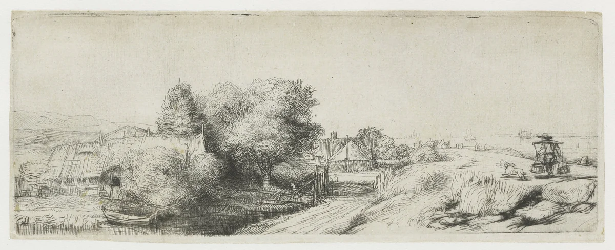 View of the Diemerdijk with a milkman and cottages by Rembrandt van Rijn, print, 1650