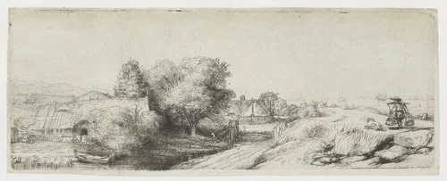 View of the Diemerdijk with a milkman and cottages by Rembrandt van Rijn, print, 1650