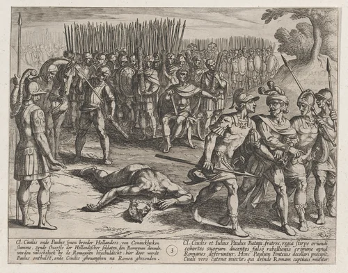 Plate 3: Claudius Civilis Arrested and his Brother Paulus Beheaded, from The War of the Romans Against the Batavians (Romanorvm et Batavorvm societas) by Antonio Tempesta, print, 1611-1612