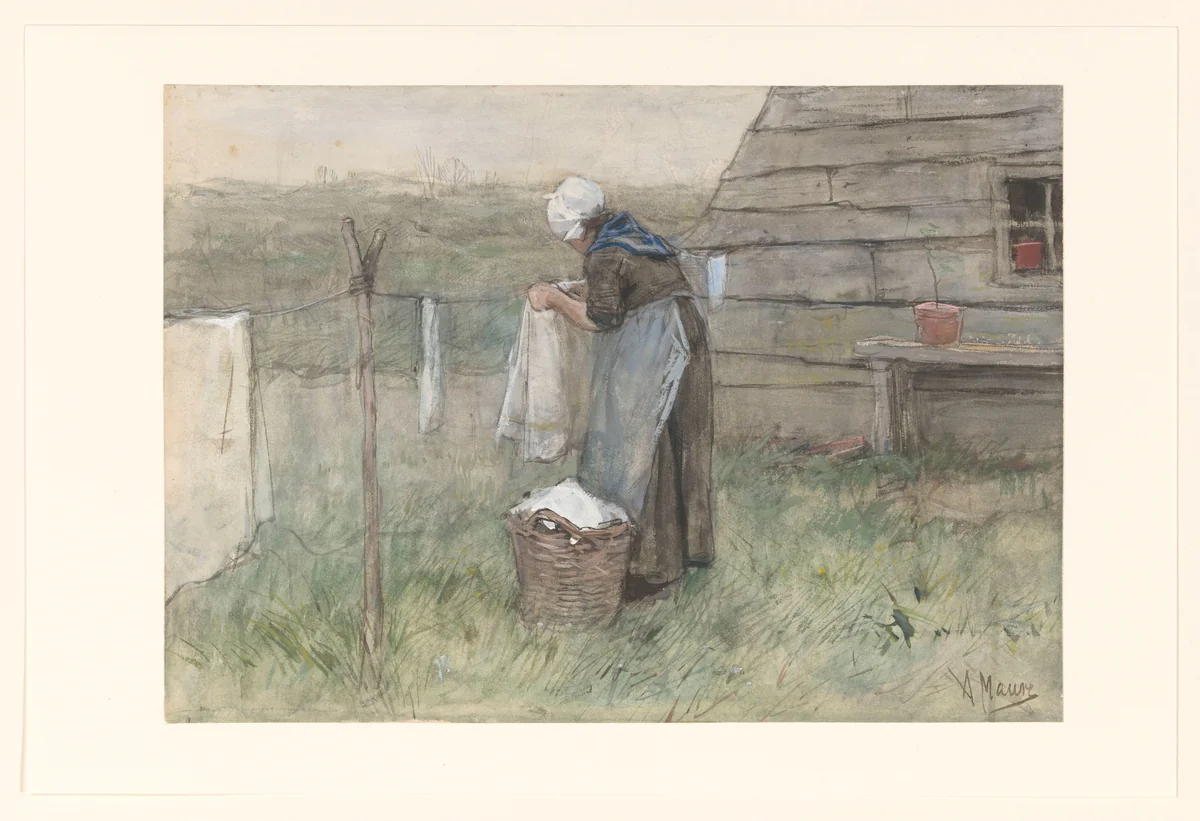 Vrouw bij een waslijn by Anton Mauve, drawing, 1848-1888