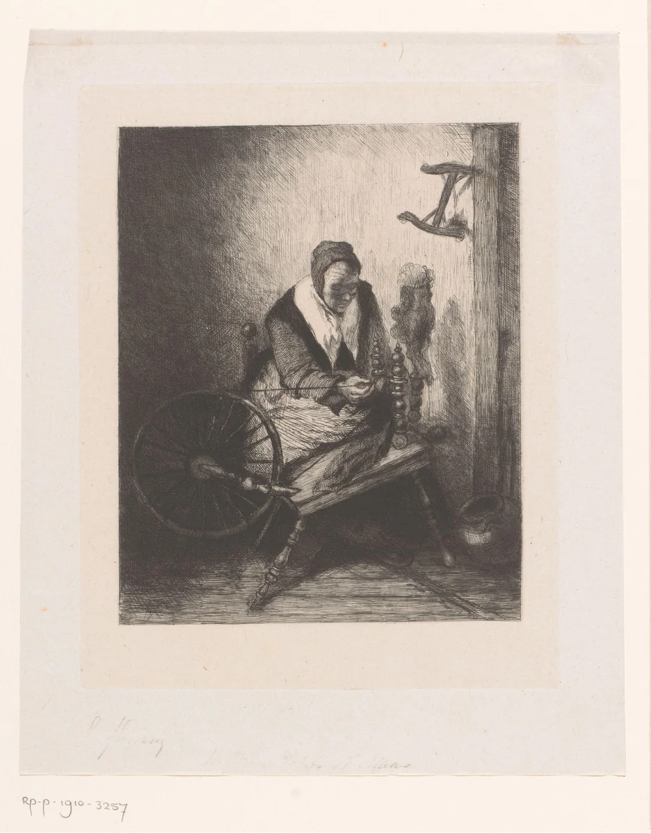 Vrouw aan het spinnewiel by Léopold Flameng, print, 1841-1910