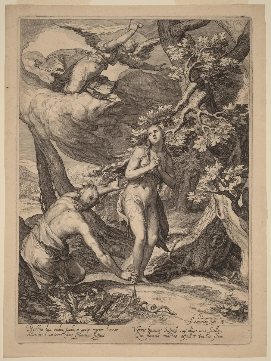Expulsion from Eden by Jan Pietersz Saenredam; Abraham Bloemaert, print, 1604