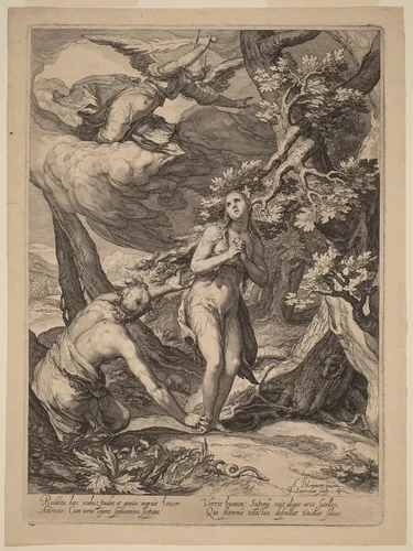 Expulsion from Eden by Jan Pietersz Saenredam; Abraham Bloemaert, print, 1604