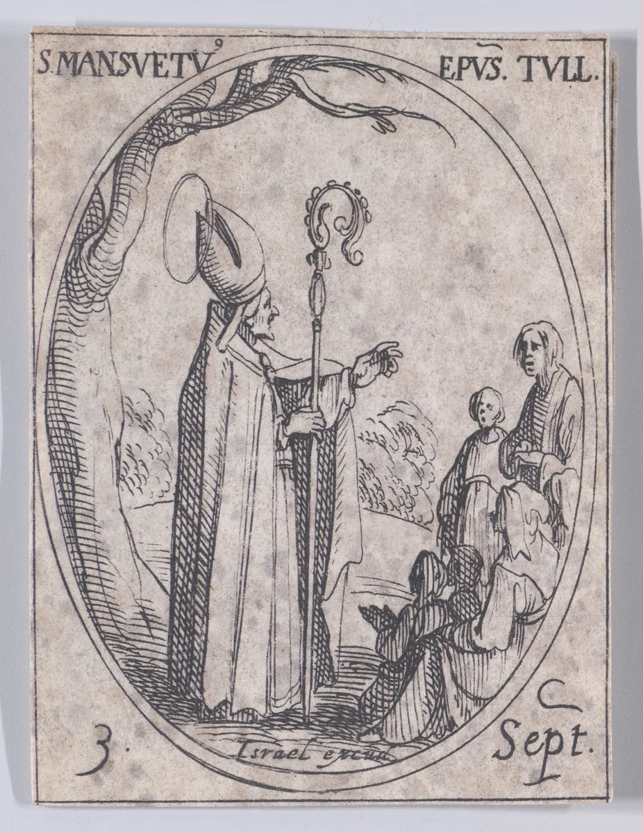 S. Mansuet, évêque (St. Mansuetus, Bishop), September 3rd, from "Les Images De Tous Les Saincts et Saintes de L'Année" (Images of All of the Saints and Religious Events of the Year) by Jacques Callot, print, 1636